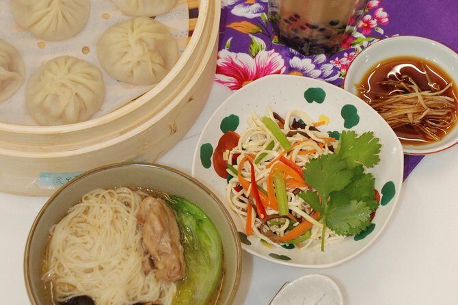 Xiao Long Bao, Chicken vermicelli with mushroom and sesame oil, Tofu strips salad, Bubble milk tea. Taiwan Traditional Delicacies Experience-A (Taipei Cooking Class) - Who should book this cooking class (and who might not love it)